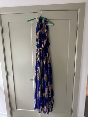 Grecian-style Xscape Royal Blue Halter Maxi with Gold Print
